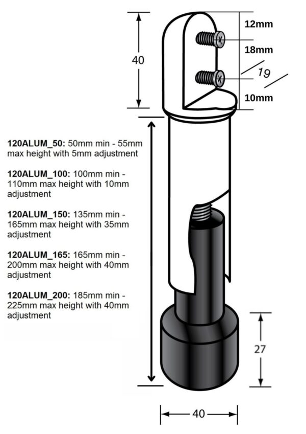 120ALUM_100 (120 Series Aluminium Heavy Duty Leg – 100mm with 10mm Adjustment) - Image 2